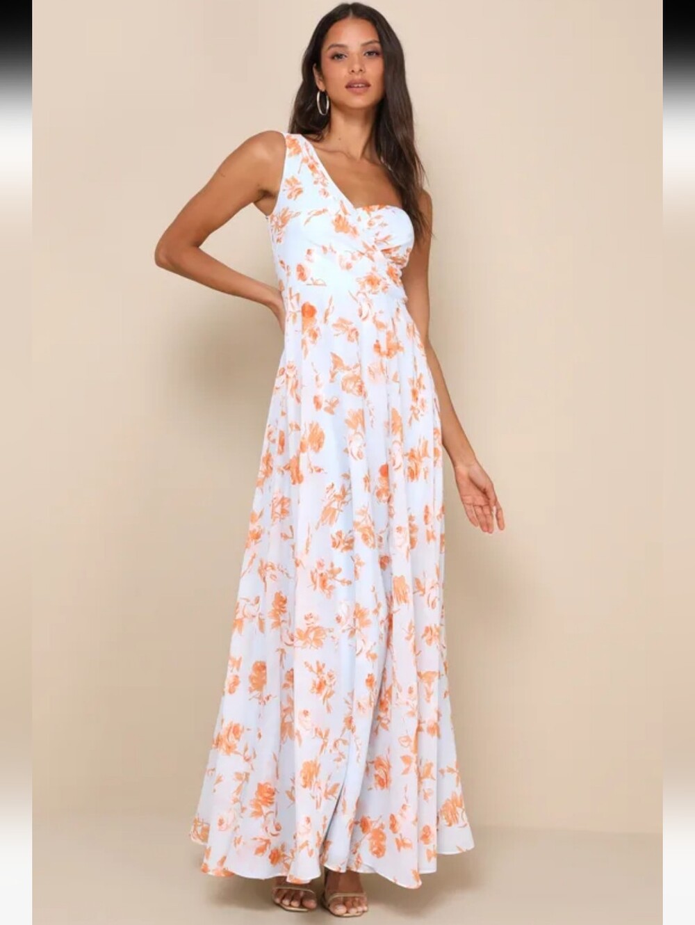 Lulus Fashionably Refined Light Blue Floral One Shoulder Maxi Dress Womens Large